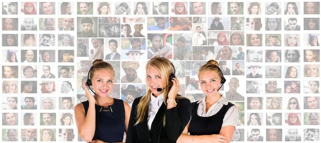 three women with headsets showing customer relations