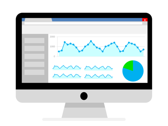 Illustration of a desktop computer with data analytics graphics