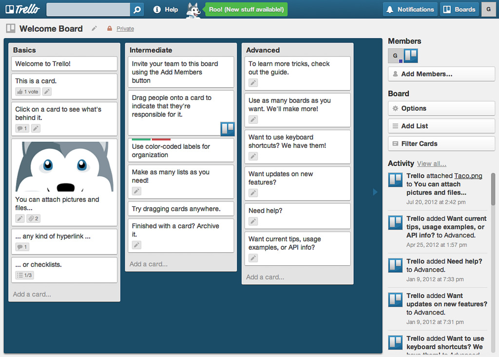 Example of a Trello board on a desktop computer