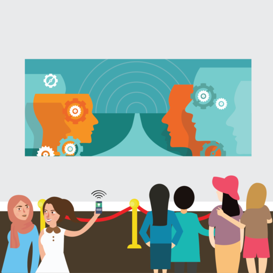 Illustration of a woman holding a phone with a beacon technology notification triggered by a nearby museum exhibit