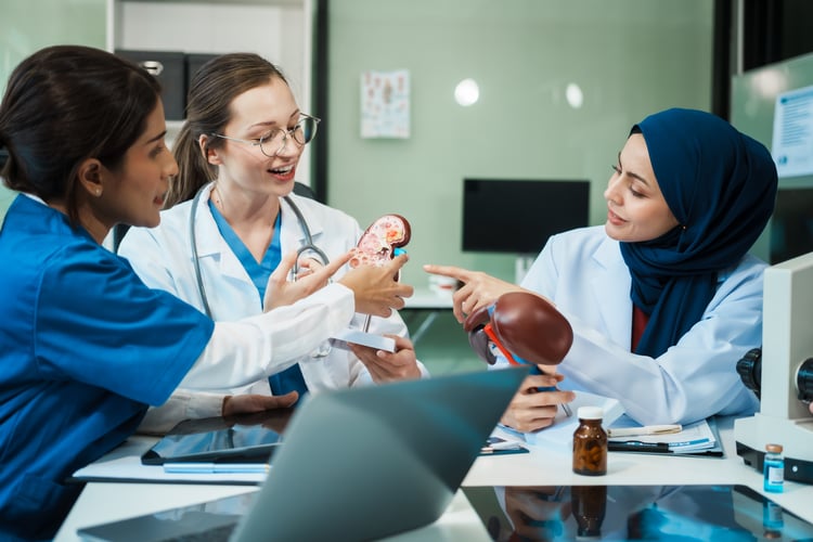 Background image of A diverse group of healthcare professionals, including doctors, nurses, and specialists