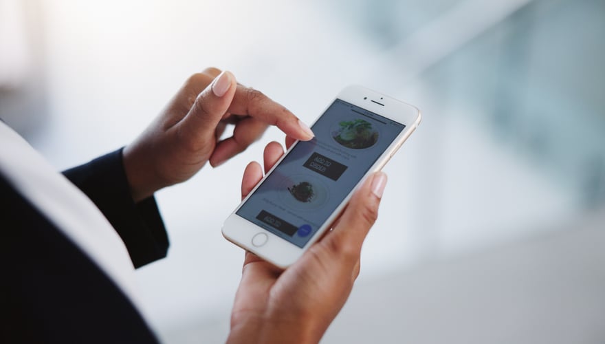 Background image of Business person, hands and phone screen for social media, app and browsing or chatting. Receptionis