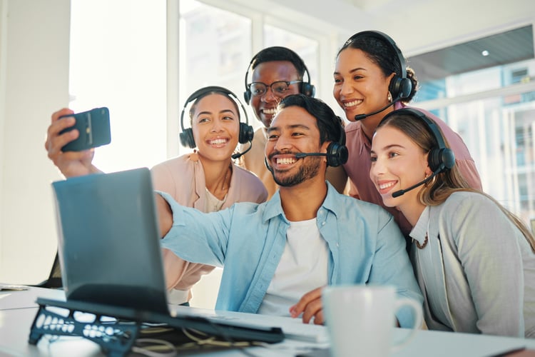 Background image of Call center, employee or selfie at office or happy fun, consultant or bonding together. Diversity c