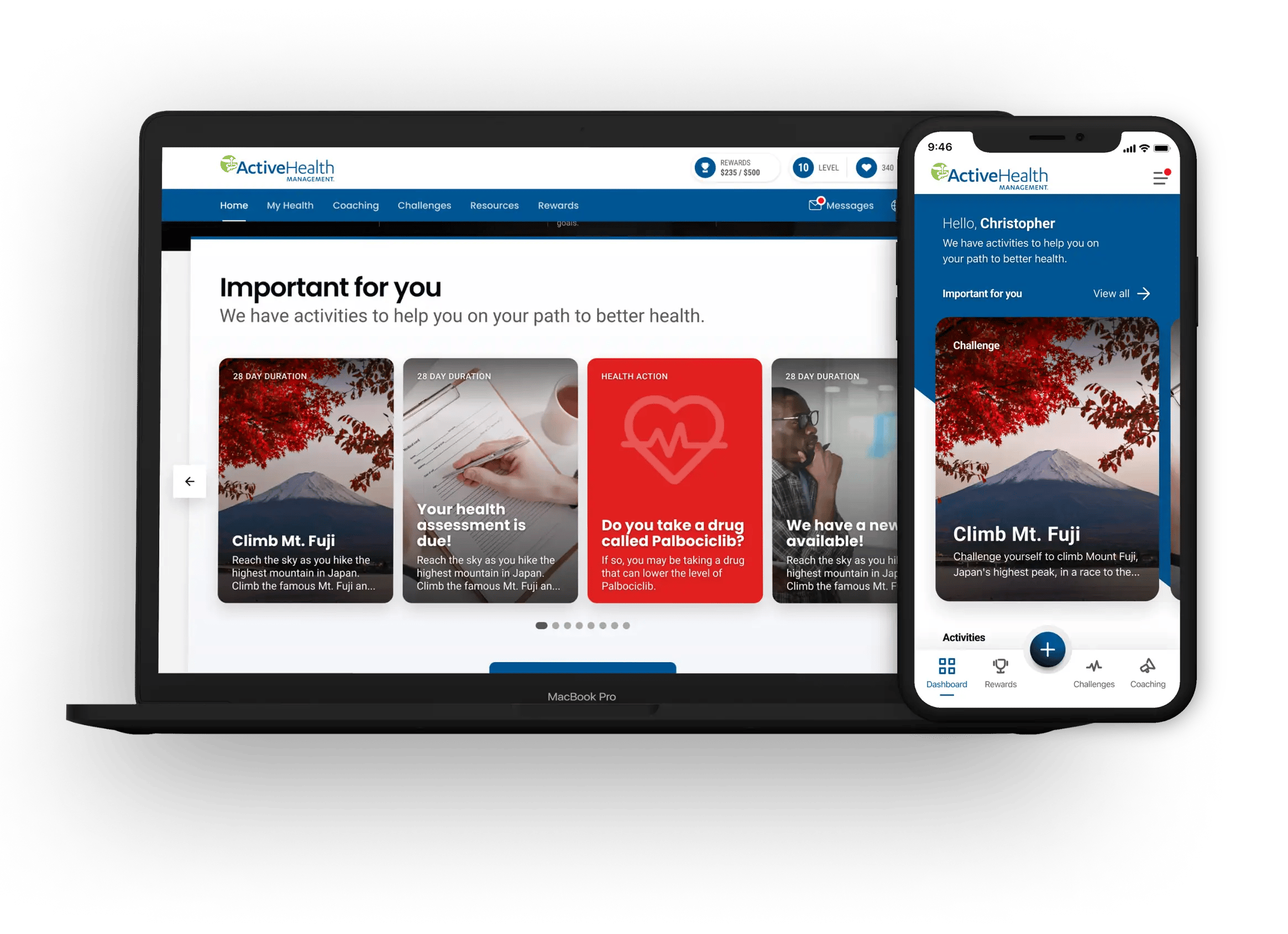 ActiveHealth desktop and mobile dashboard mockups showing prioritized health activities and wellness challenges