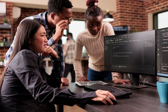 Background image of Diverse programming engineers talking about html script