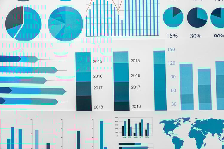 Background image of Financial paper with charts and diagrams on gray table