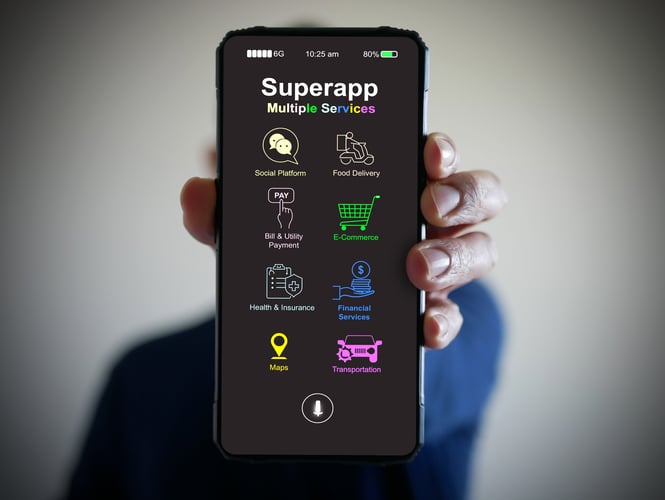 Background image of Hand holds a smartphone with a super app for mobile phones that serves multiple services as a o