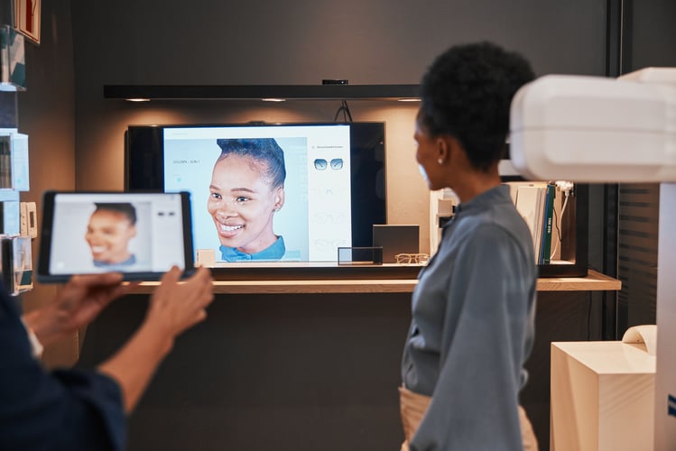 Background image of Optometry, glasses and black woman with television for choice of frames or spectacles at night in s