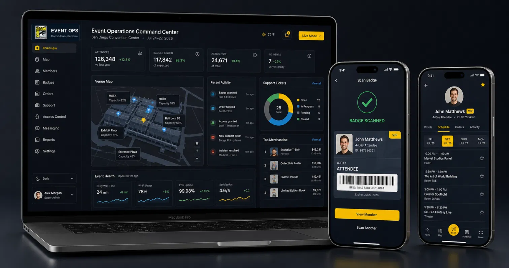 Comic-Con operations platform dashboard and mobile badge scanner mockup