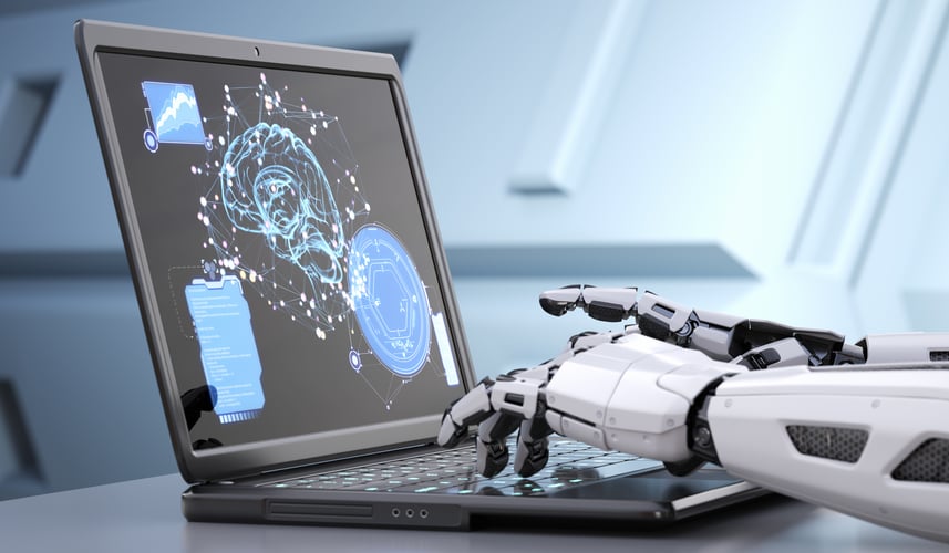 Robot hands typing on a keyboard