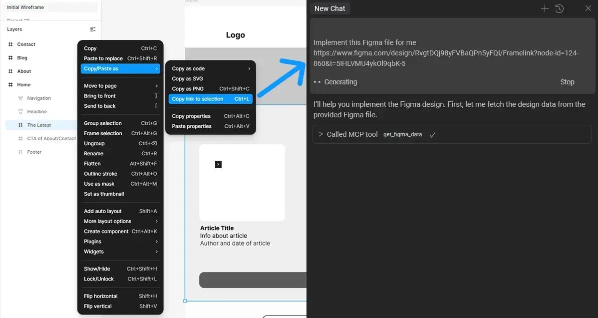 Example of using Figma MCP as part of an AI-assisted code-generation workflow.