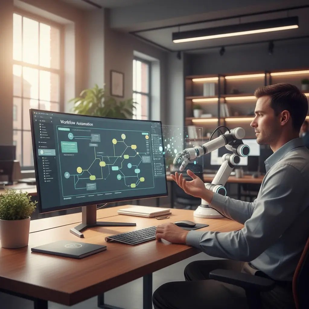Professional reviewing an AI-assisted workflow automation system