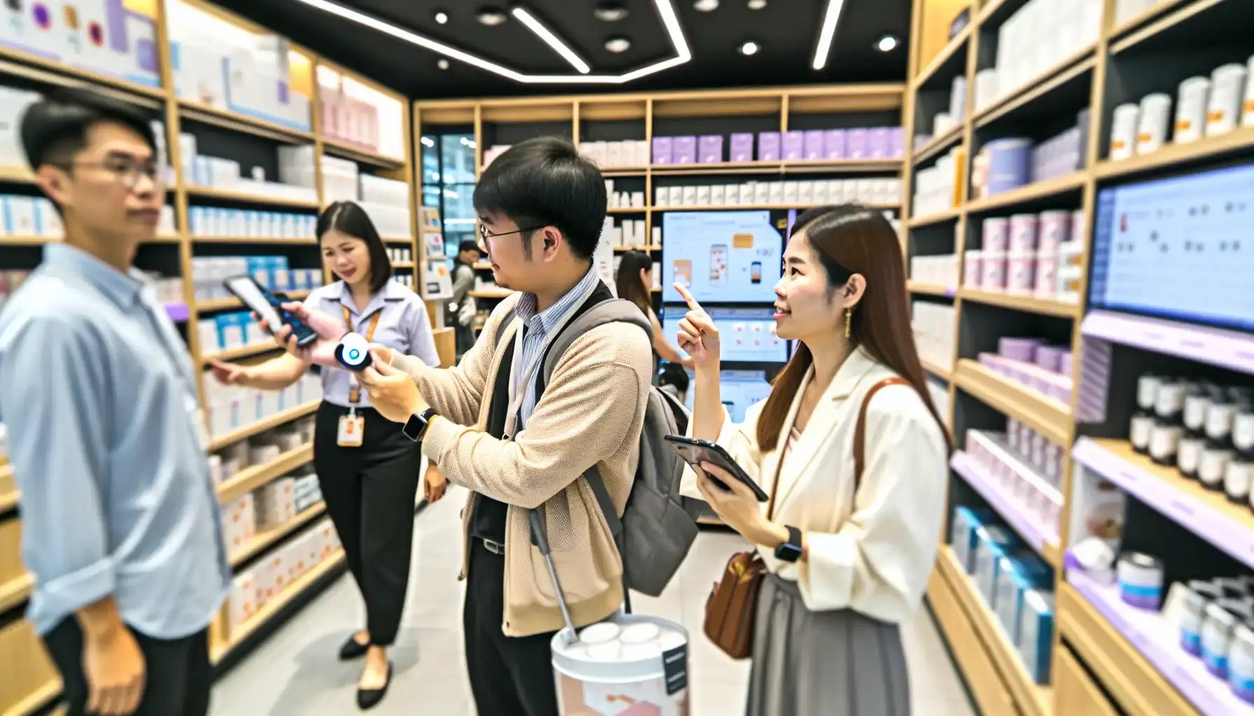 Shoppers enjoying offers on mobile from bluetooth network