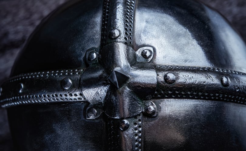 Background image of Top view of helmet of medieval european knight