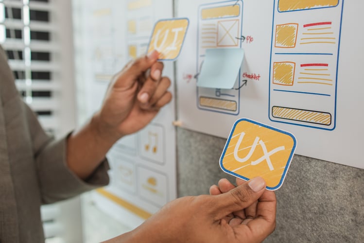 Background image of UI UX designers team working on new website wireframe in office