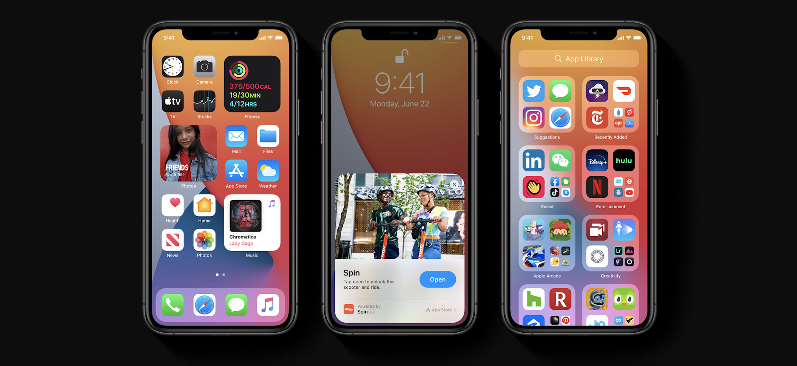 iPhones depicting new features included custom widgets, app clips, and the new app library.