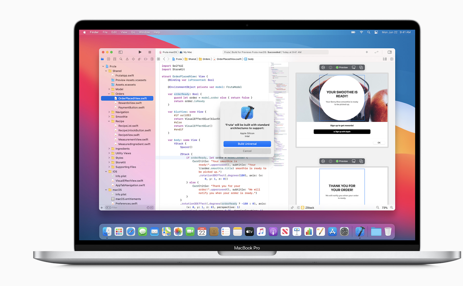 A MacBook Pro showcasing development software released at WWDC.