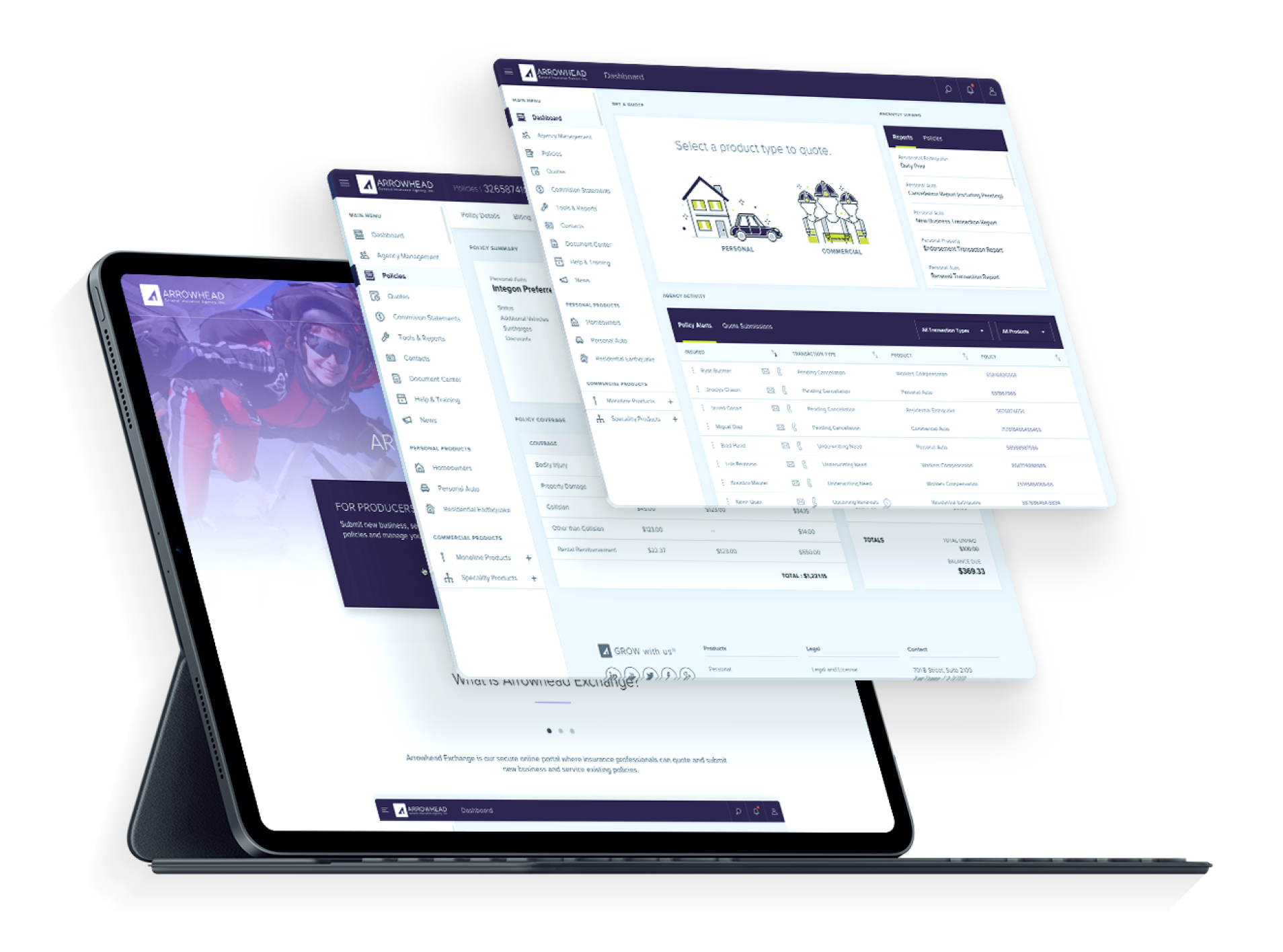 Arrowhead insurance software platform on a tablet with multiple screens