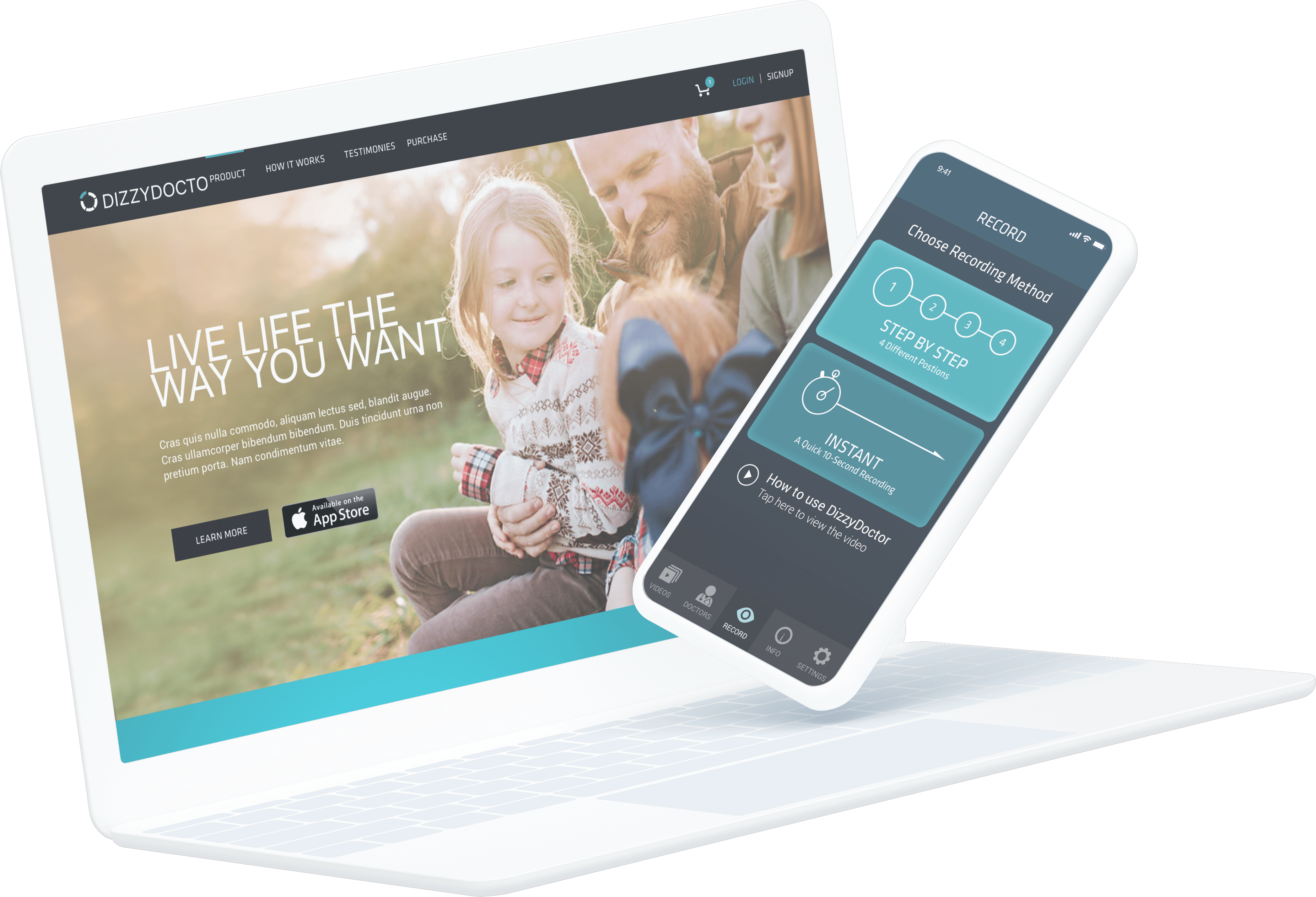 DizzyDoctor mobile application and website screens on clay device mockups