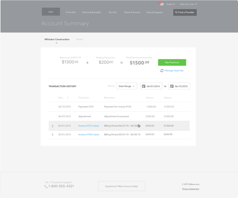 Wireframe for Aldera desktop screen account summary