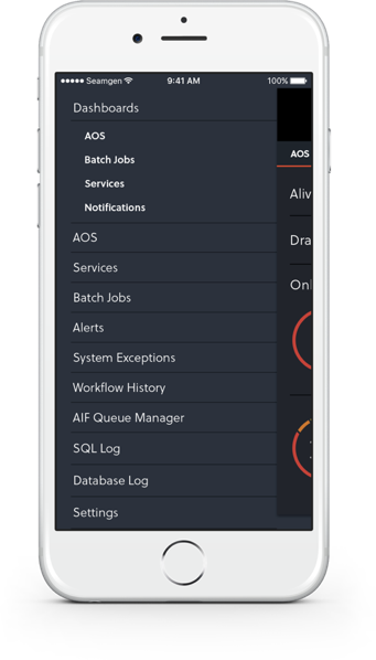 White iPhone displays AX Mentor screen dashboard, enabling users to jump to any server feature