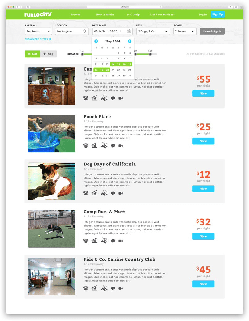 Webpage for Furlocity displays reservation information at pet resorts