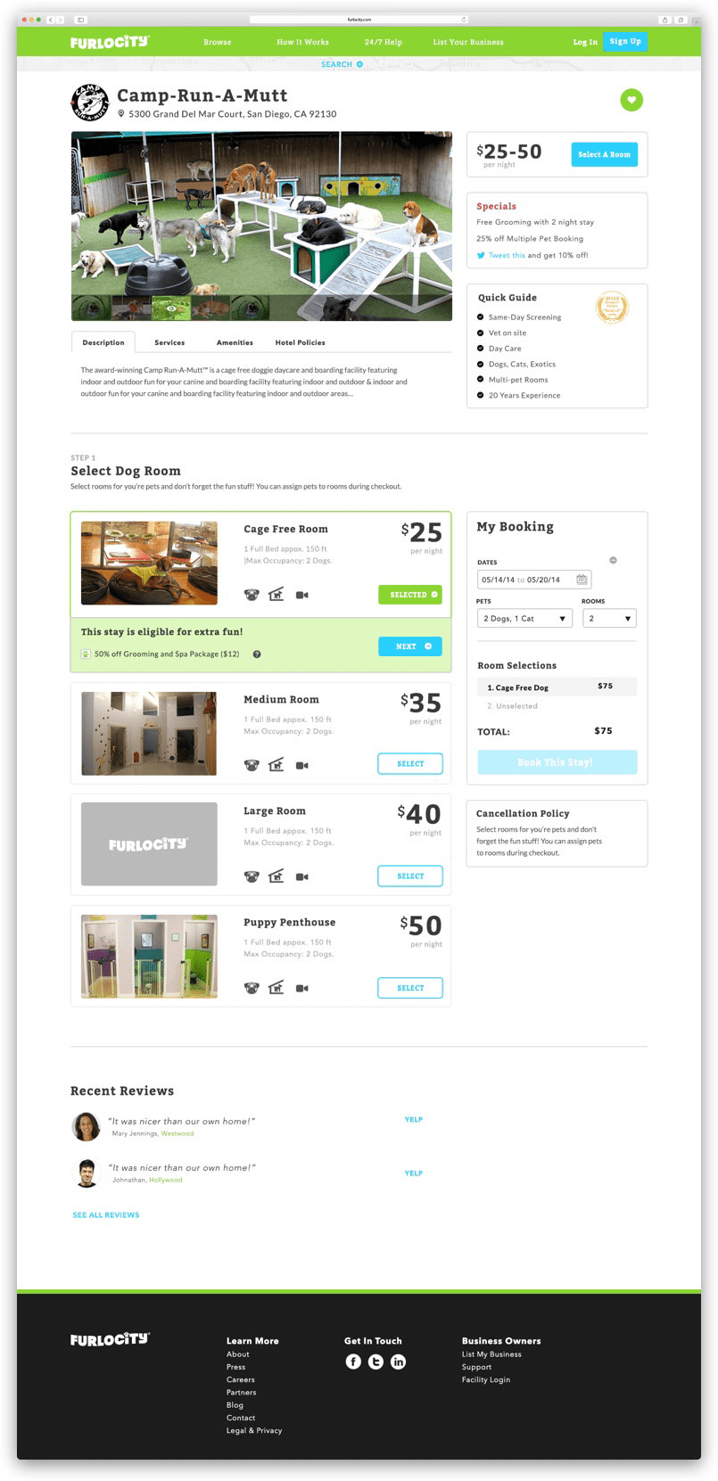 Webpage for Furlocity provides information regarding cage free doggy daycare Camp-Run-a-Mutt