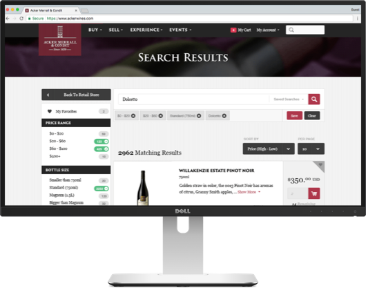 Desktop screen shows Acker Merrall website search results as user looks for a rare bottle of wine