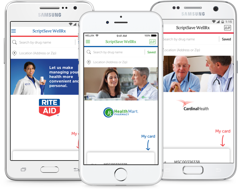 Multiple mobile devices running the WellRx app Multiple mobile devices running the WellRx app