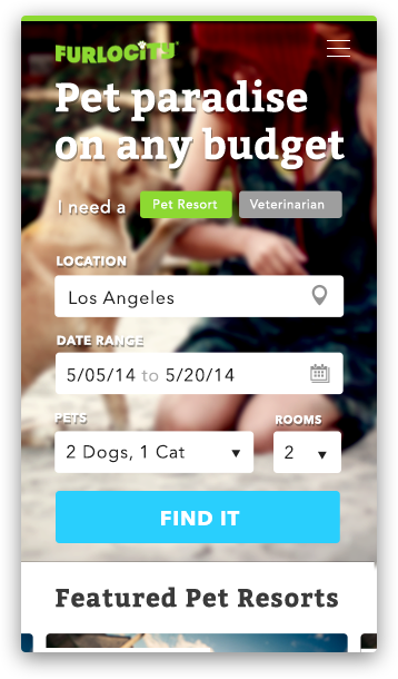 Mobile screen for Furlocity website offers information on finding pet paradise while on a budget