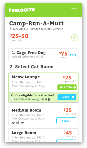 Mobile screen for Furlocity enables user to pick which room at Camp-Run-a-Mutt they would like to reserve