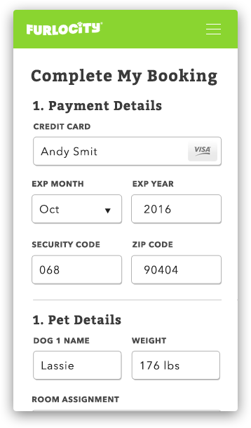 Mobile screen for Furlocity enables user complete booking