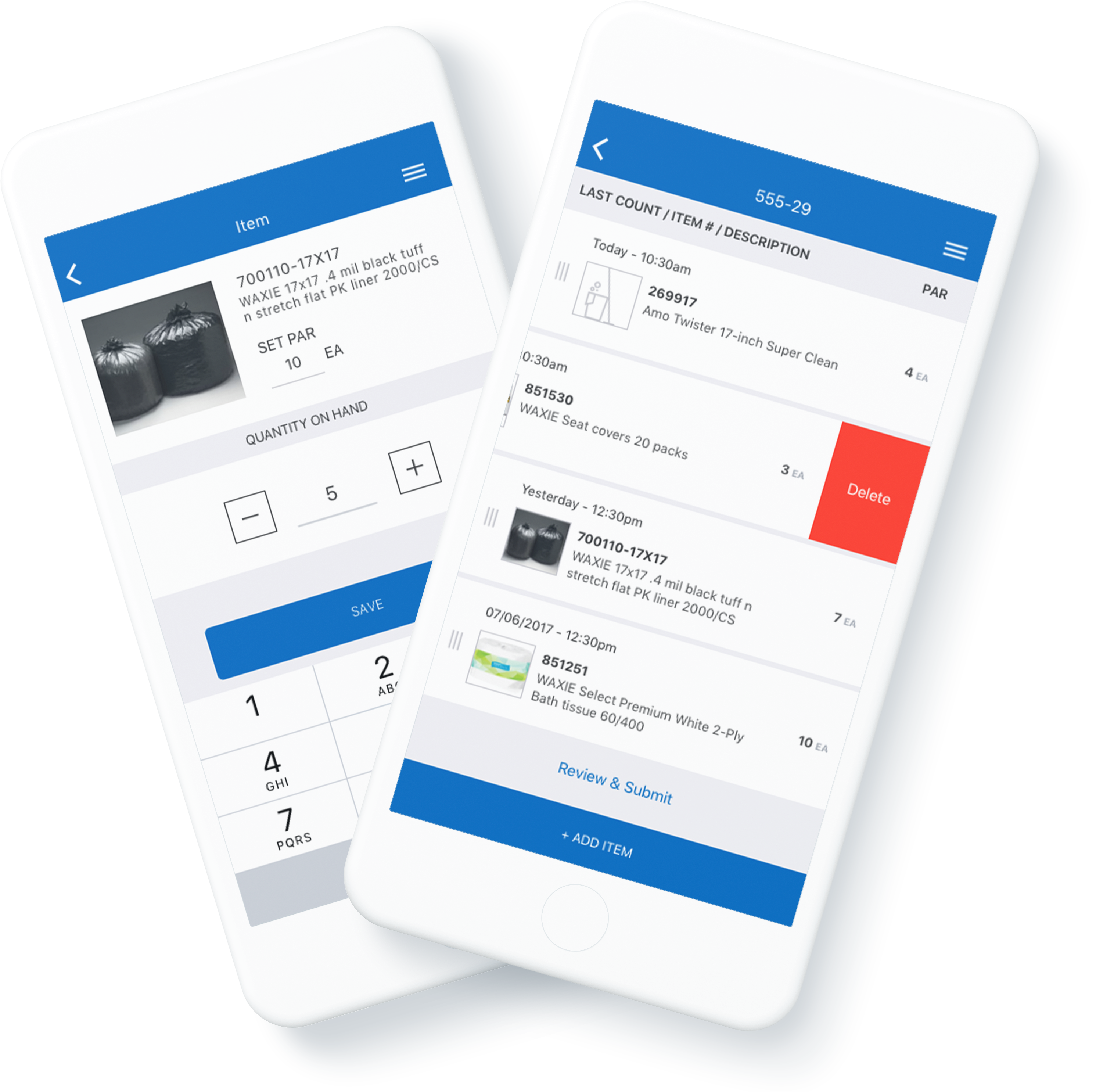 Two mobile devices with WAXIE's mobile app inventory reporting screens