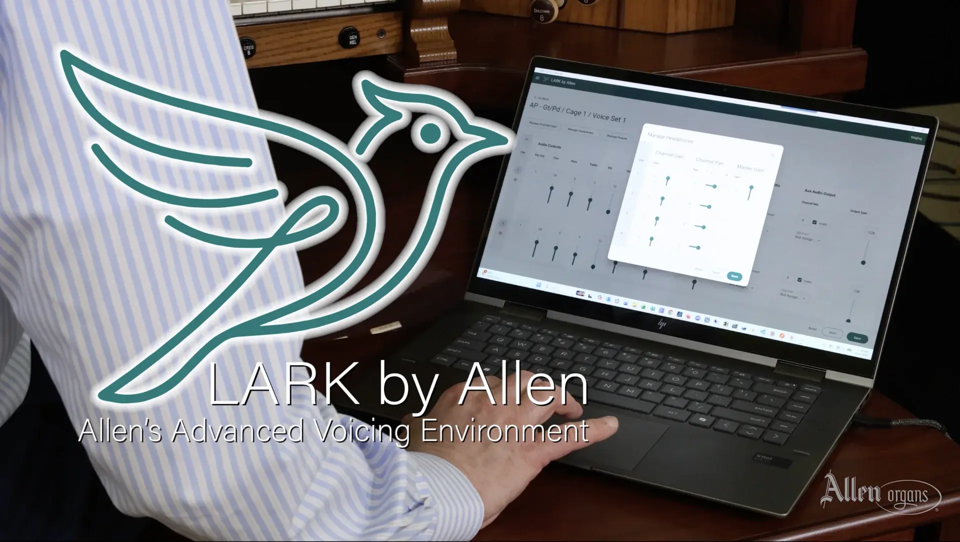 Person using LARK by Allen organ-voicing software on a Windows laptop beside an Allen organ.
