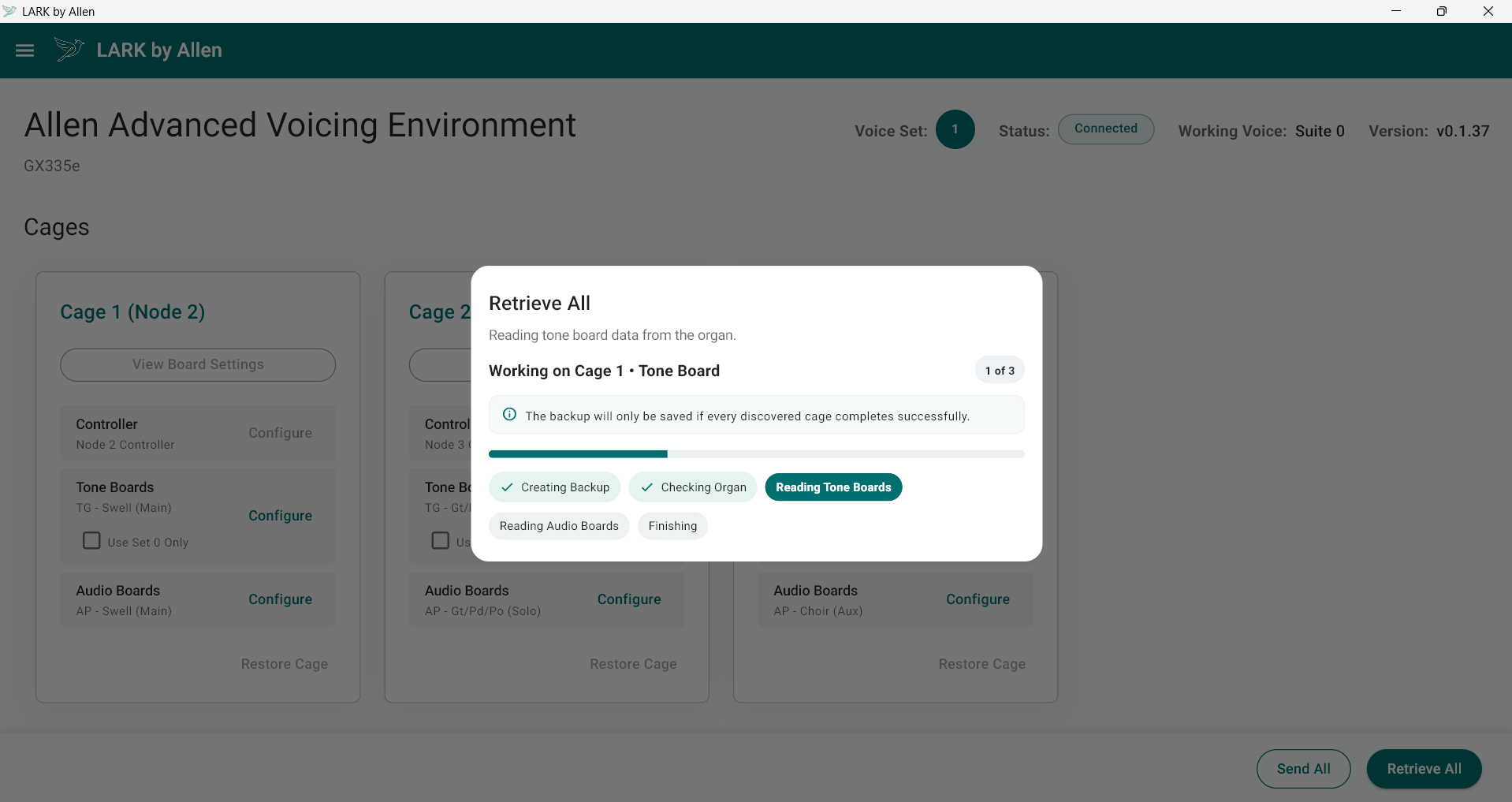 LARK Retrieve All dialog showing a connected organ, required backup condition, and progress through tone-board retrieval.